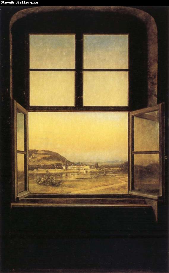 johann christian Claussen Dahl View through a Window to the Chateau of Pillnitz